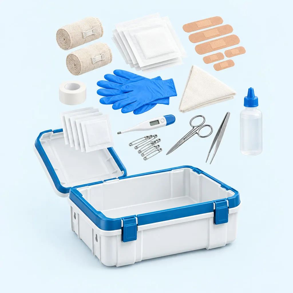 Illustration of an opened first aid kit with bandages, gauze, gloves, scissors and a thermometer laid out