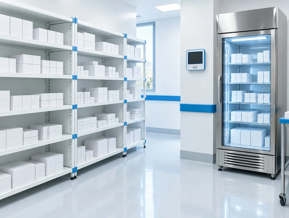 Illustration of a clean, organised pharmaceutical storage room with temperature monitoring